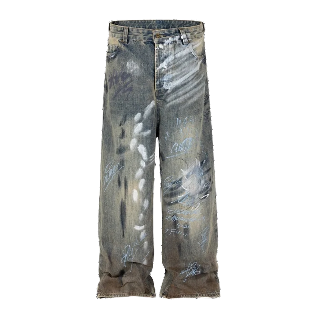 Graffiti Splatter Wide Leg Faded Denim Jeans