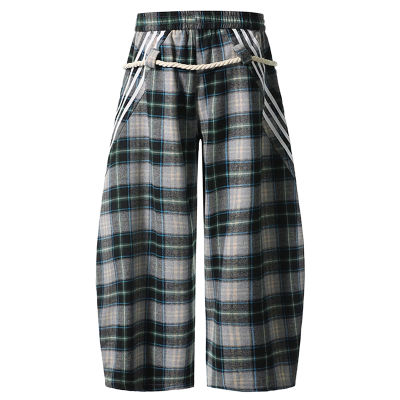 Plaid Lounge Pants with Braided Hemp Rope Belt