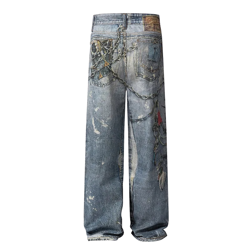 Distressed Chain-Detailed Baggy Denim Jeans