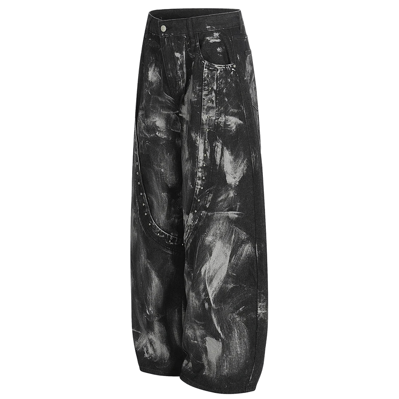 Abstract Painted Wide Leg Black Denim Jeans
