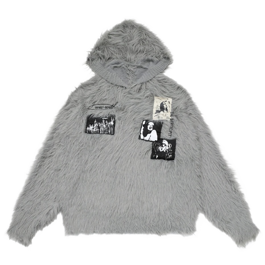 'Ink' Graphic-Patch Oversized Fur Hoodie