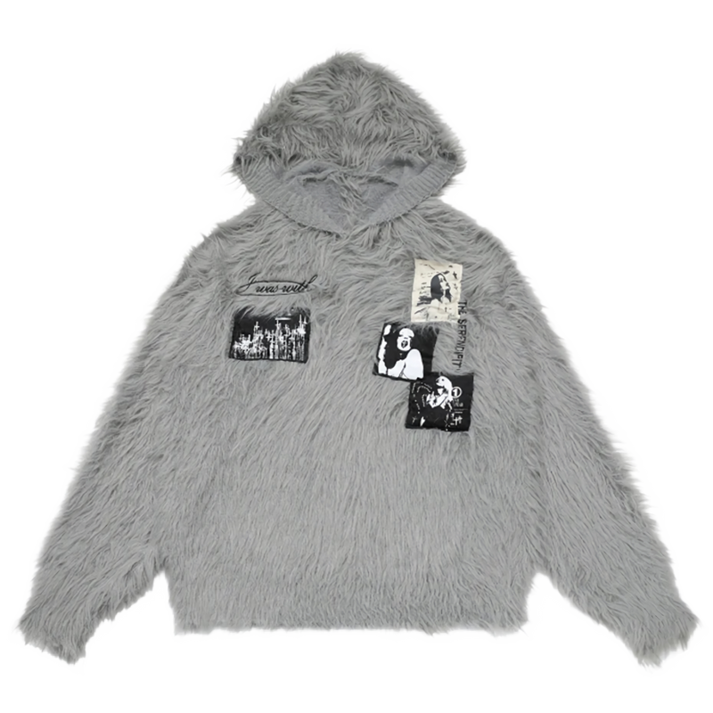 'Ink' Graphic-Patch Oversized Fur Hoodie