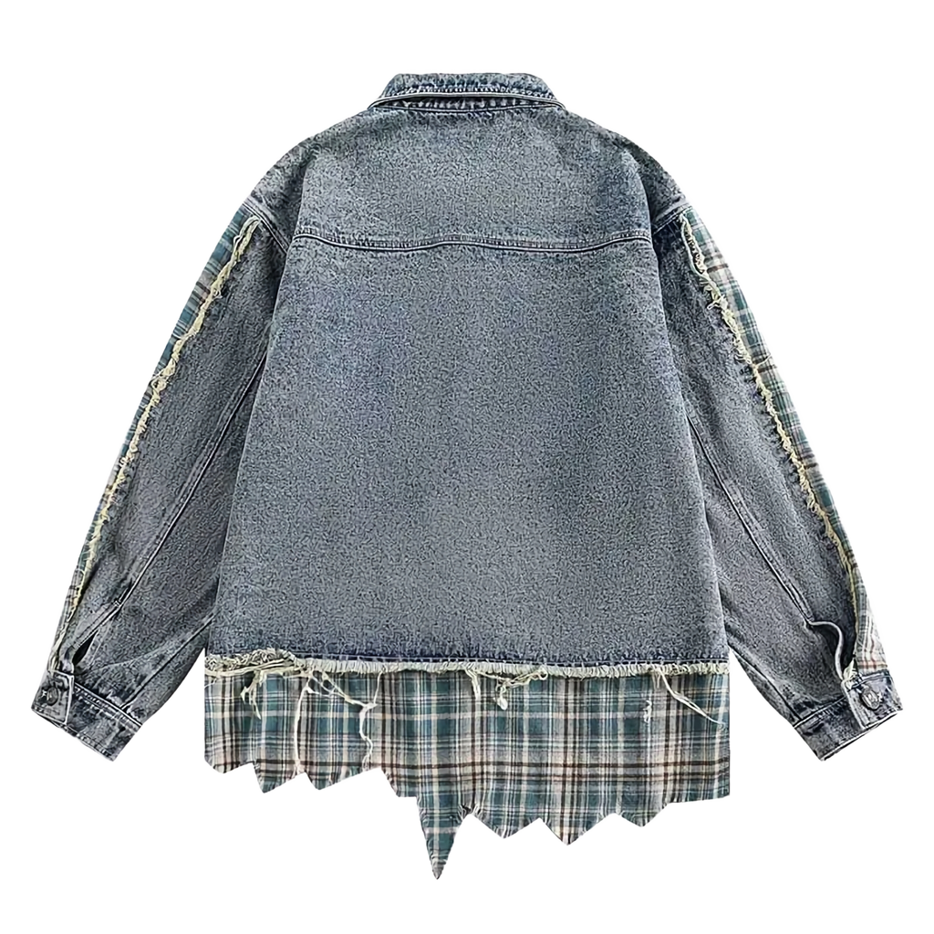 Distressed Plaid Accent Denim Jacket