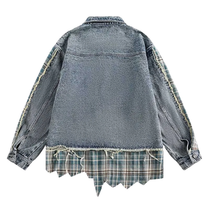 Distressed Plaid Accent Denim Jacket