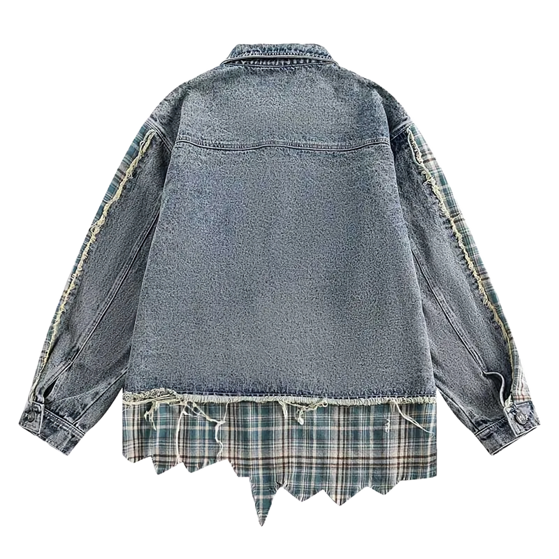 Distressed Plaid Accent Denim Jacket