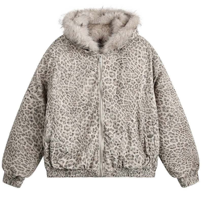 'Snow Leopard' Fur Trim Insulated Zip Up Hoodie