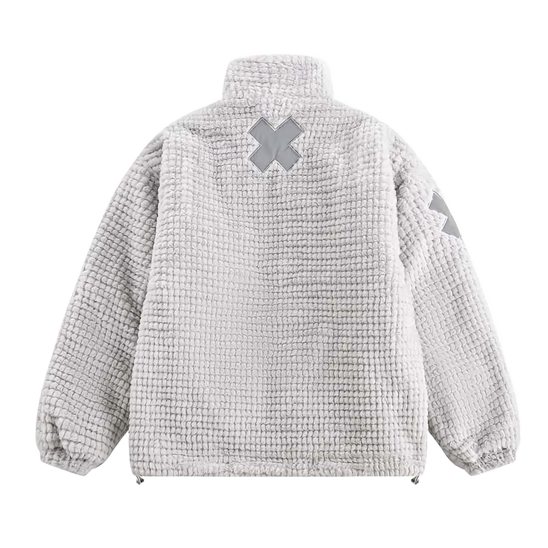 'X' Patch Embroidered Faux Fur Fleece Jacket