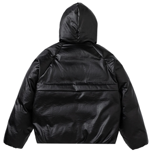 Minimalist Faux Leather Hooded Puffer Jacket