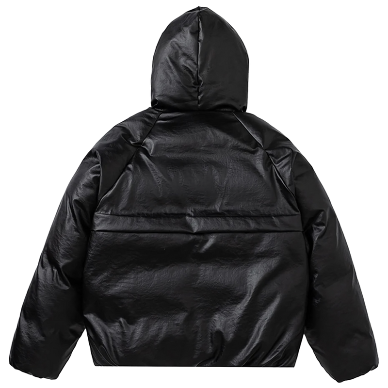 Minimalist Faux Leather Hooded Puffer Jacket