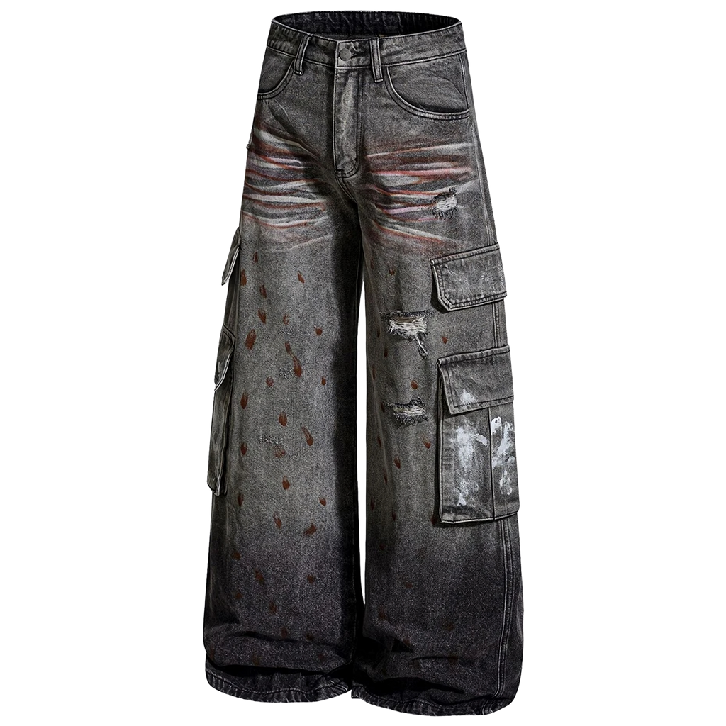 'Overspray' Distressed Wide Leg Cargo Jeans
