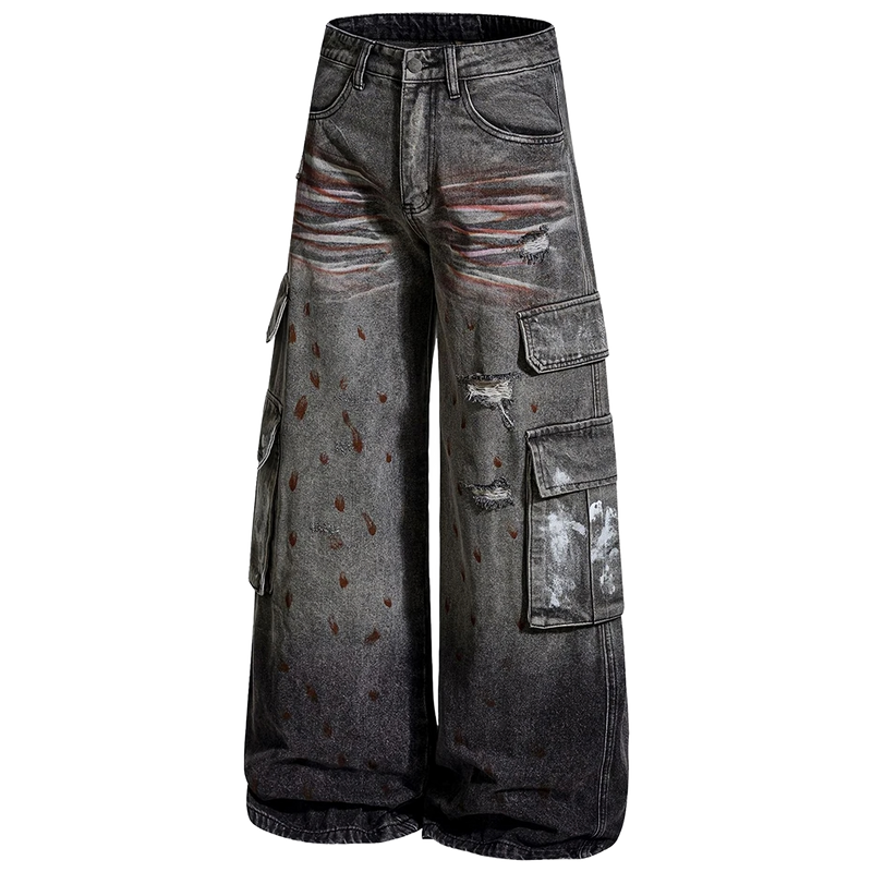 'Overspray' Distressed Wide Leg Cargo Jeans