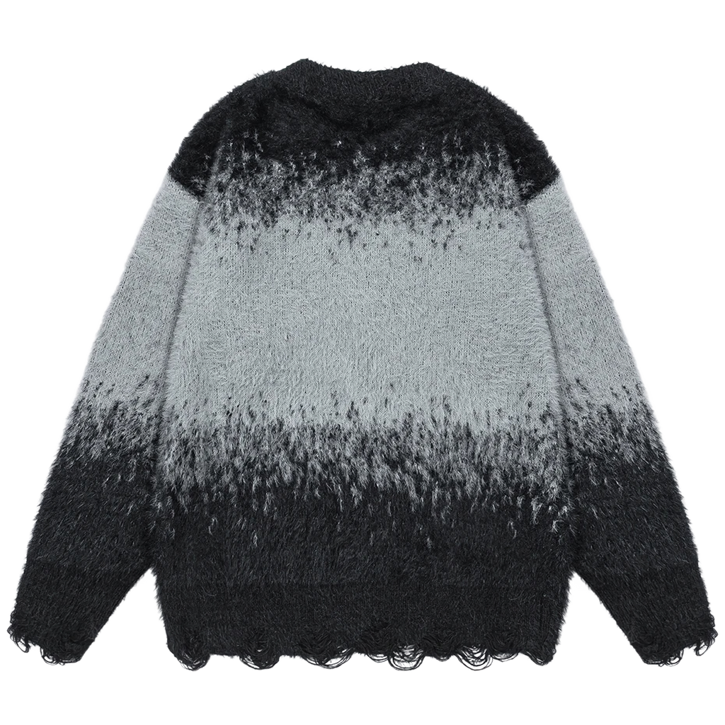 Dip-Dye Embroidered Knit Sweater with Distress