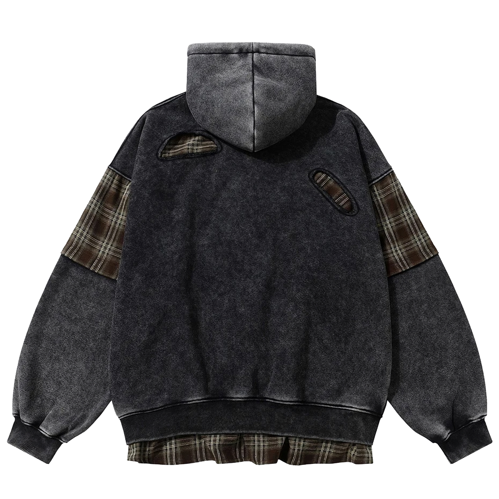 'Remnant' Plaid Trim Distressed Zip-Up Hoodie