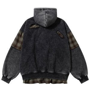 'Remnant' Plaid Trim Distressed Zip-Up Hoodie