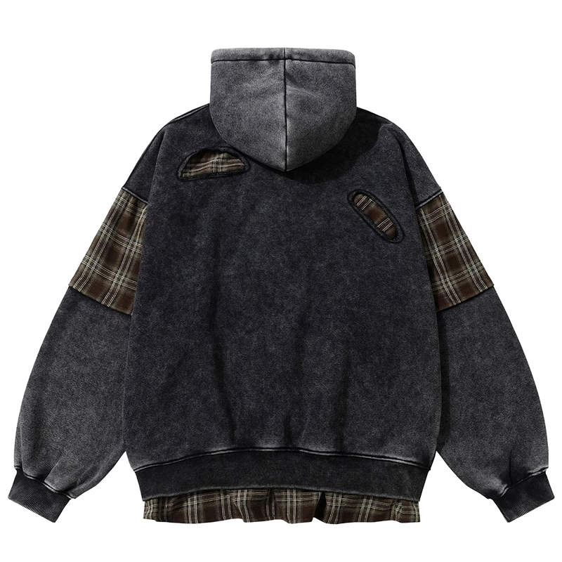 'Remnant' Plaid Trim Distressed Zip-Up Hoodie