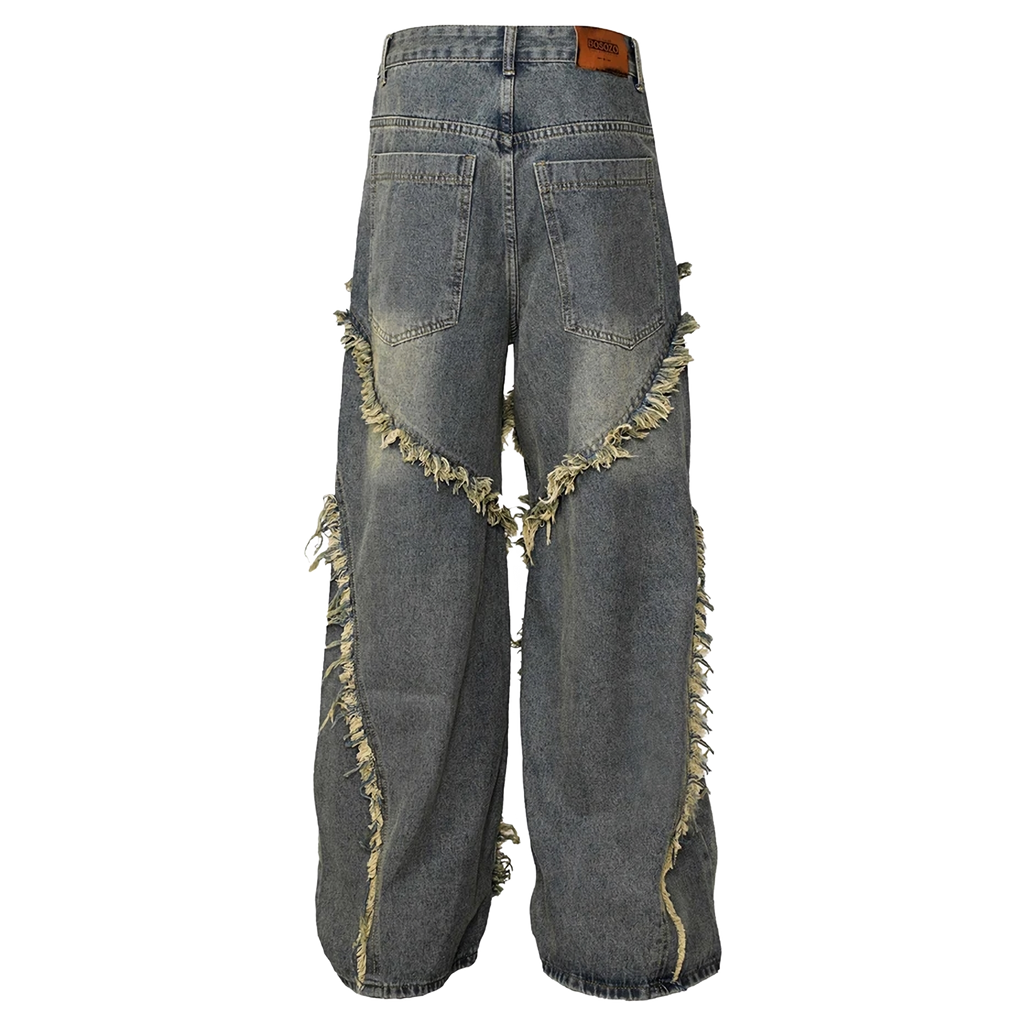 Frayed Edge Cross Stitch Flared Denim Jeans