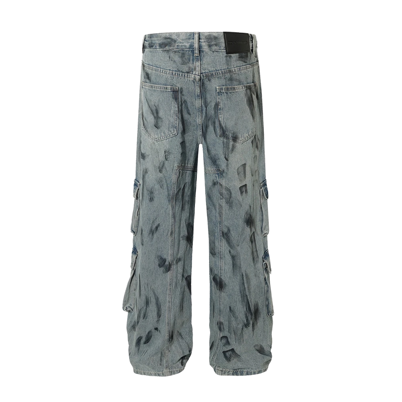 Smudged Wash Denim Cargo Jeans