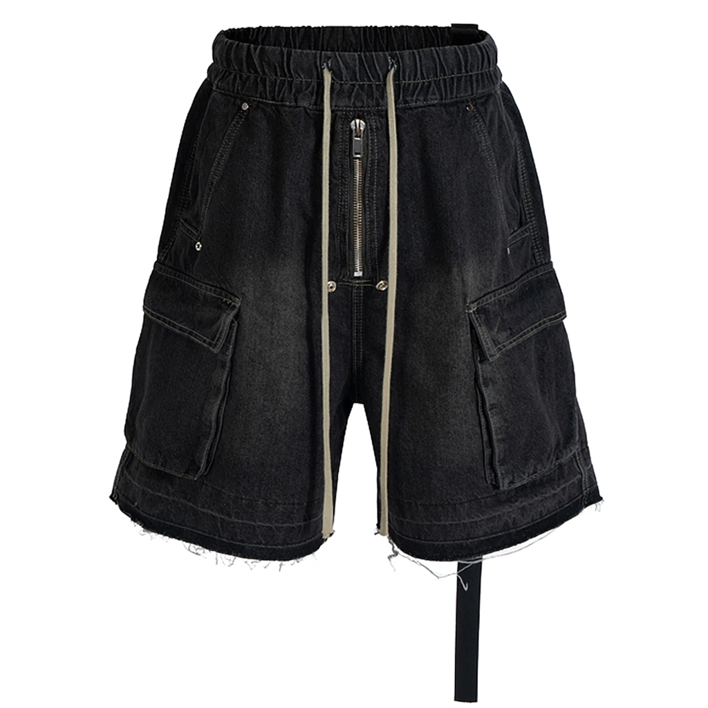 Rugged Denim Utility Shorts with Frayed Hem