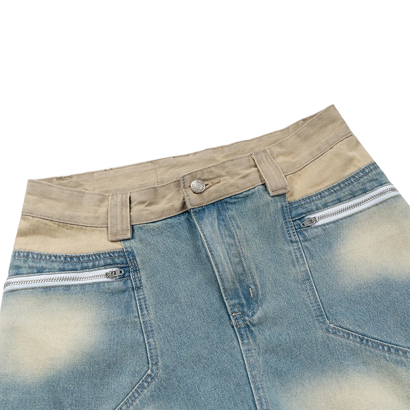 Khaki Panelled Two-Tone Baggy Denim Jeans