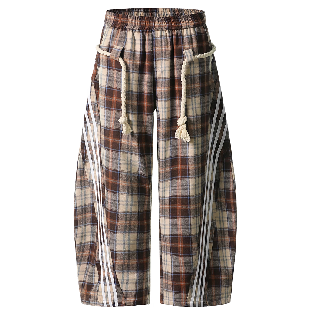 Plaid Lounge Pants with Braided Hemp Rope Belt