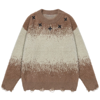 Dip-Dye Embroidered Knit Sweater with Distress