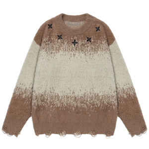 Dip-Dye Embroidered Knit Sweater with Distress