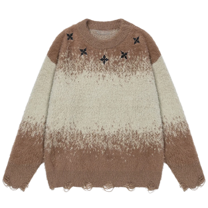 Dip-Dye Embroidered Knit Sweater with Distress