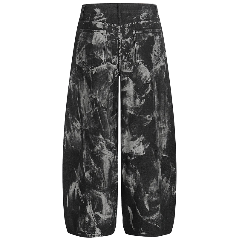 Abstract Painted Wide Leg Black Denim Jeans
