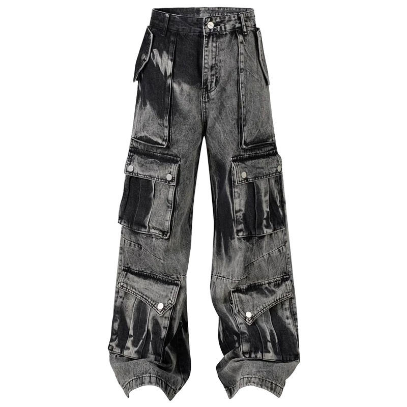 Acid Wash Wide Leg Denim Cargo Jeans