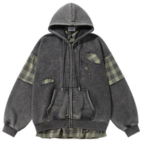 'Remnant' Plaid Trim Distressed Zip-Up Hoodie