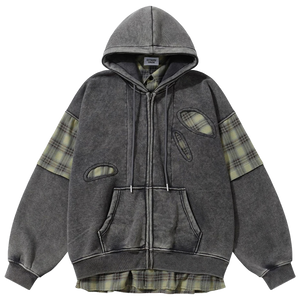 'Remnant' Plaid Trim Distressed Zip-Up Hoodie