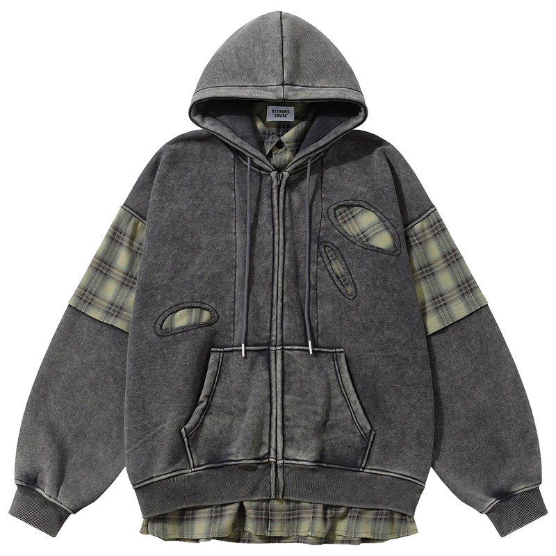 'Remnant' Plaid Trim Distressed Zip-Up Hoodie