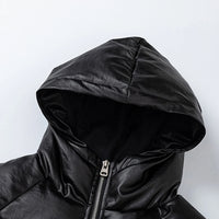 Minimalist Faux Leather Hooded Puffer Jacket