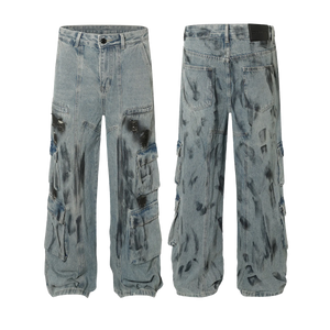 Smudged Wash Denim Cargo Jeans