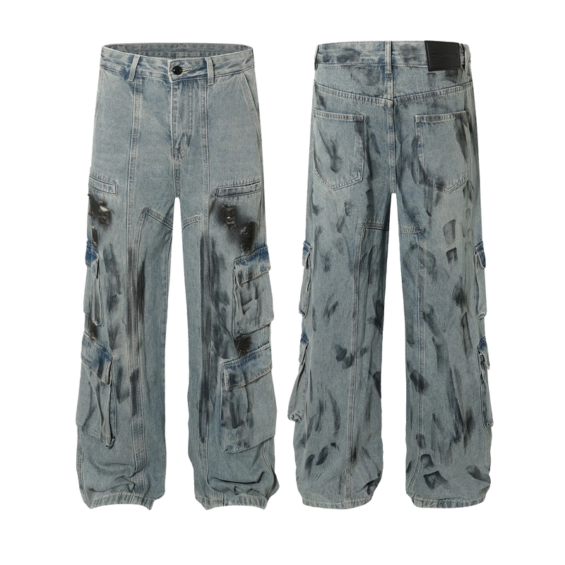 Smudged Wash Denim Cargo Jeans