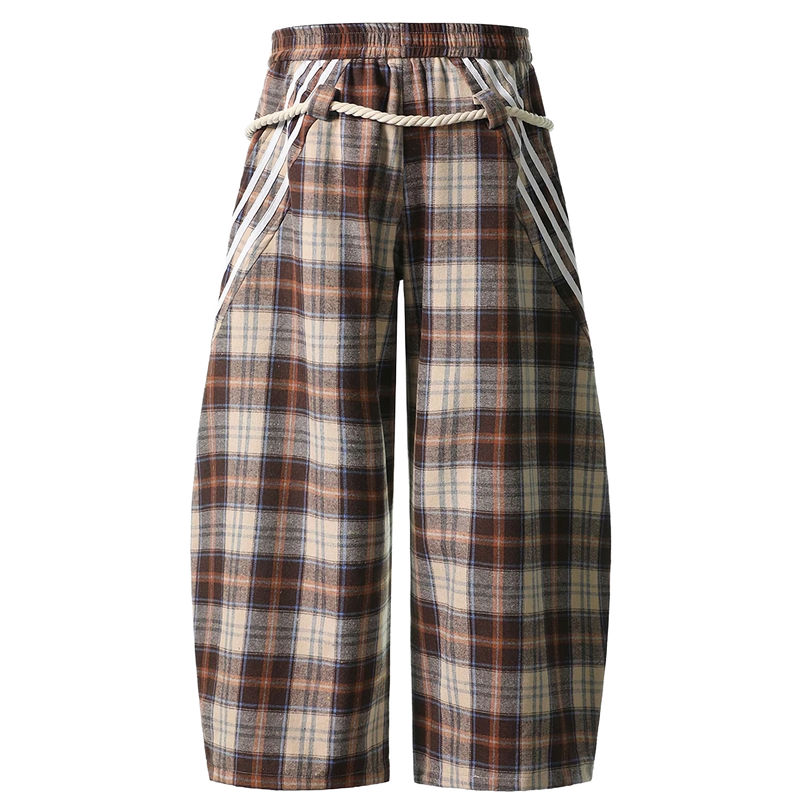 Plaid Lounge Pants with Braided Hemp Rope Belt