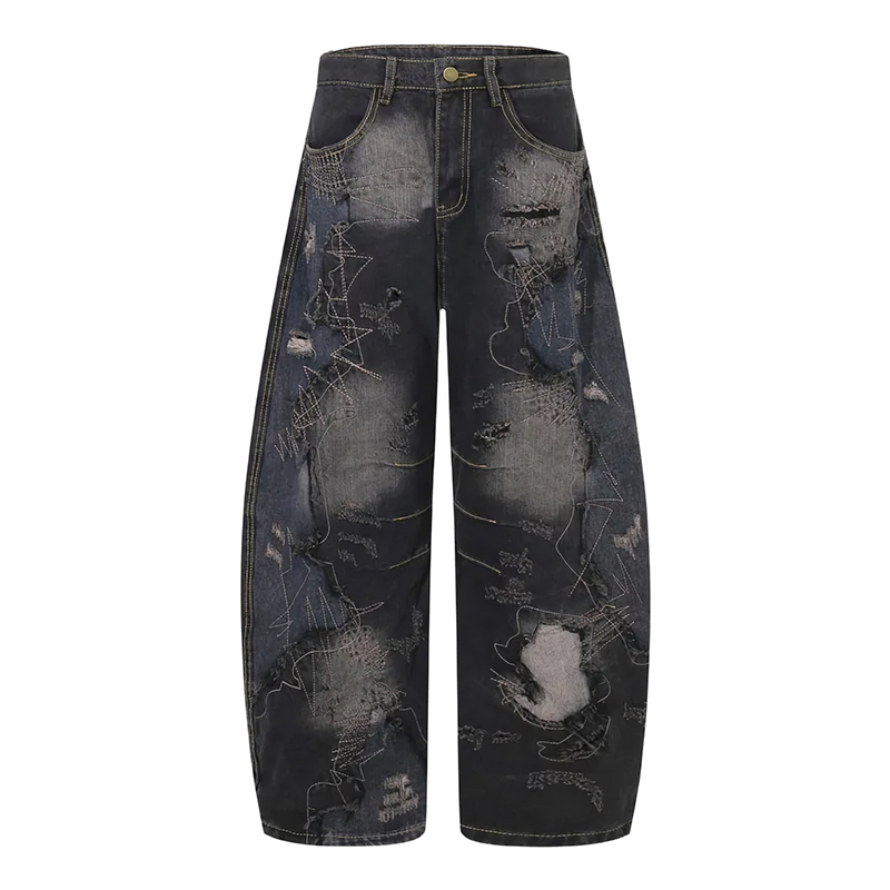 'Ruin' Charcoal Wash Distressed Wide Leg Denim Jeans