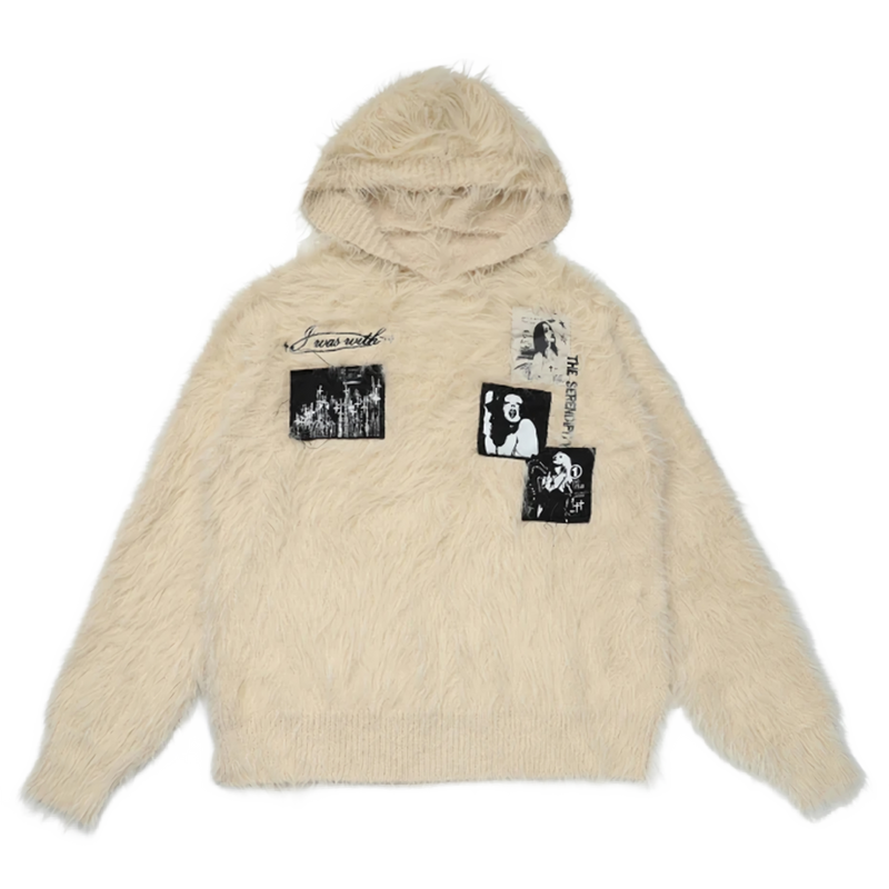 'Ink' Graphic-Patch Oversized Fur Hoodie