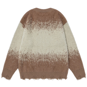 Dip-Dye Embroidered Knit Sweater with Distress