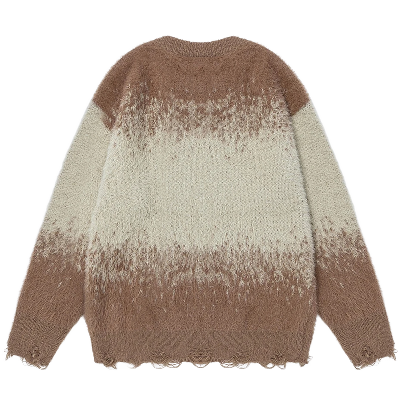 Dip-Dye Embroidered Knit Sweater with Distress