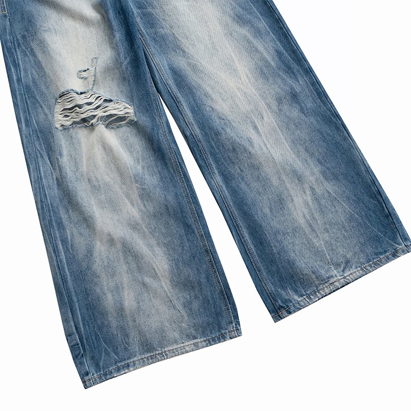 'Haze' Faded Wash Wide Leg Distressed Denim Jeans