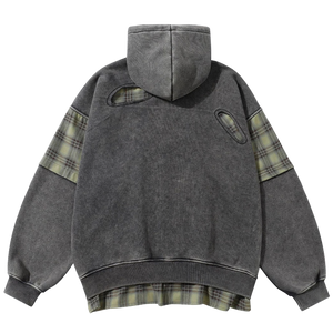 'Remnant' Plaid Trim Distressed Zip-Up Hoodie