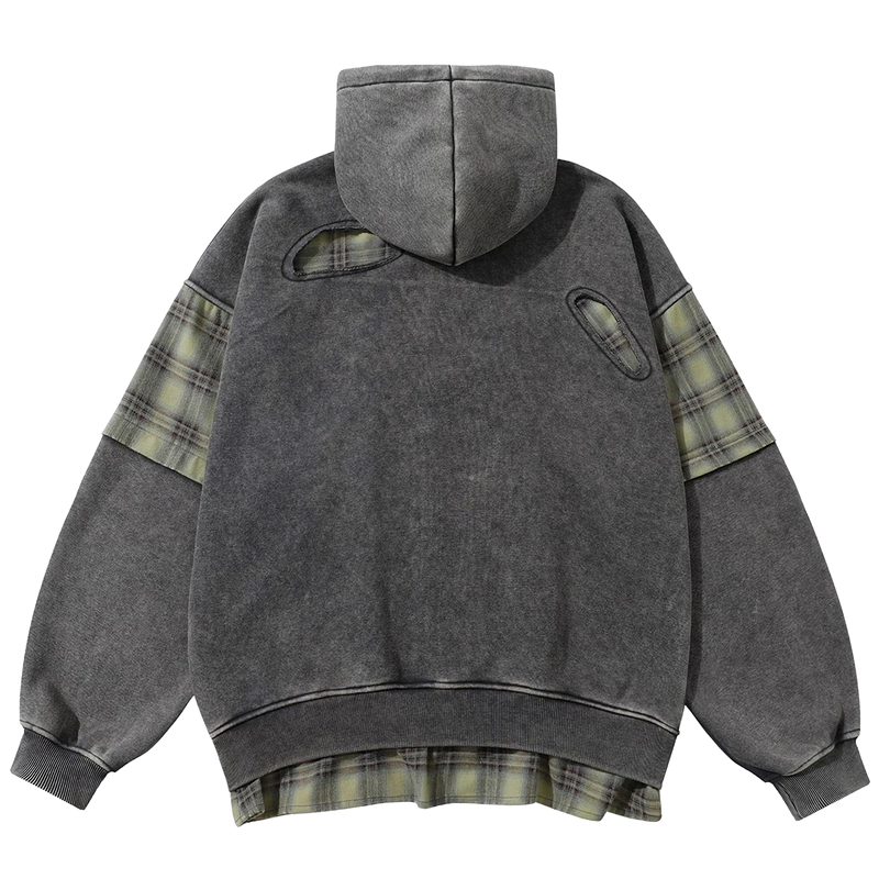 'Remnant' Plaid Trim Distressed Zip-Up Hoodie