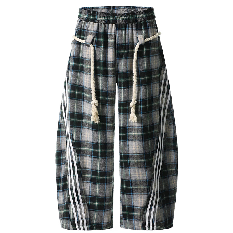 Plaid Lounge Pants with Braided Hemp Rope Belt