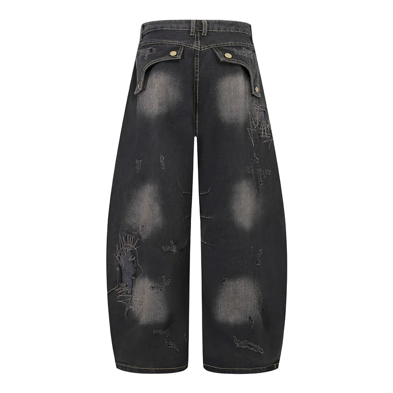 'Ruin' Charcoal Wash Distressed Wide Leg Denim Jeans