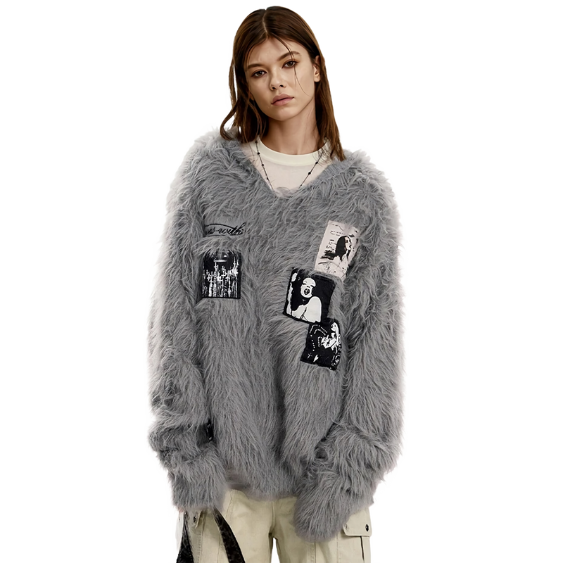 'Ink' Graphic-Patch Oversized Fur Hoodie