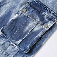 Acid Wash Wide Leg Denim Cargo Jeans