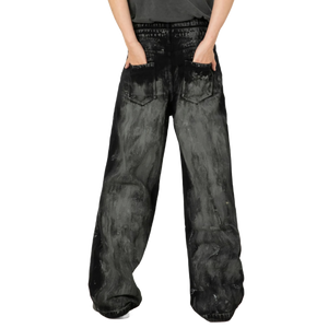 Double Waisted Acid Wash Black Denim Jeans