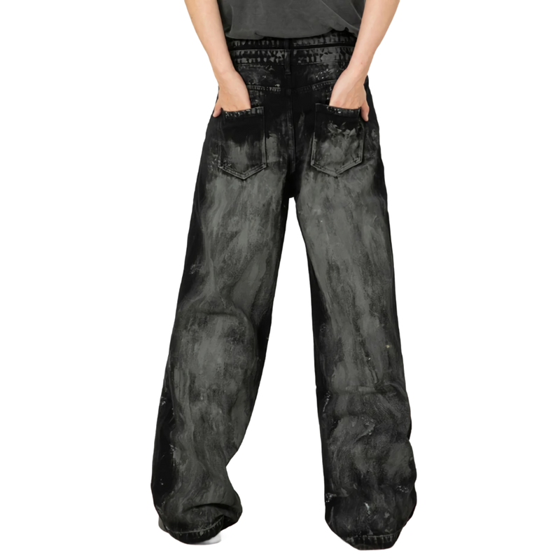 Double Waisted Acid Wash Black Denim Jeans