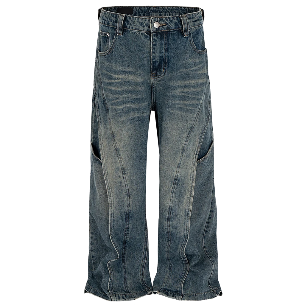 Overlaid Spiral-Cut Wide Leg Denim Jeans